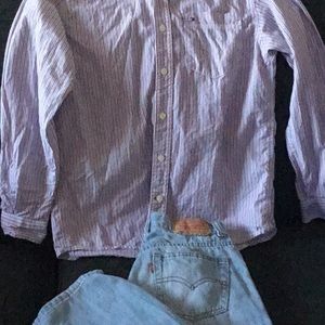 Tommy striped button up and Light blue jeans